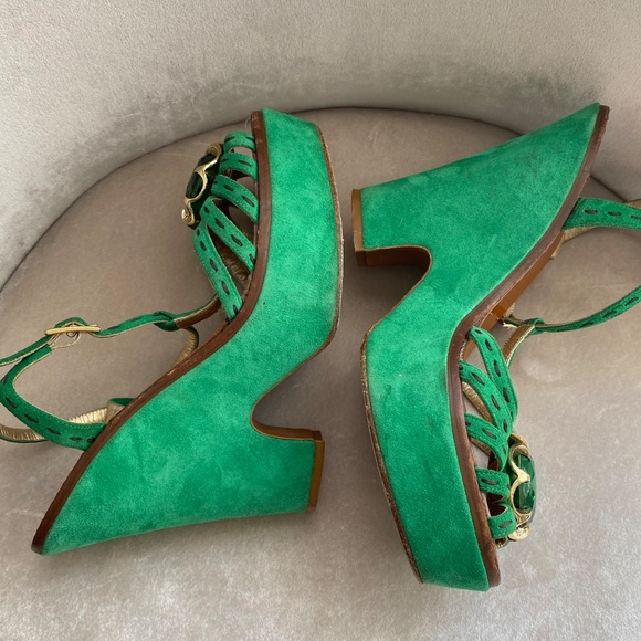 Marc Jacobs Green Suede Ankle Strap Platform Wedge Shoes, Gem Accent, 39/8.5 US - Picture 4 of 9